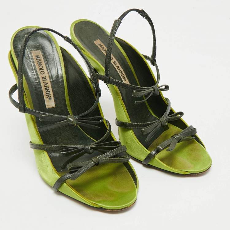 Pre Owned Manolo Blahnik Green Satin Slingback Sandals Size 37.5