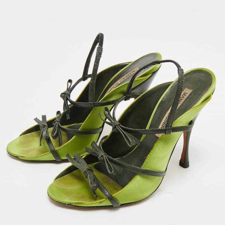 Pre Owned Manolo Blahnik Green Satin Slingback Sandals Size 37.5