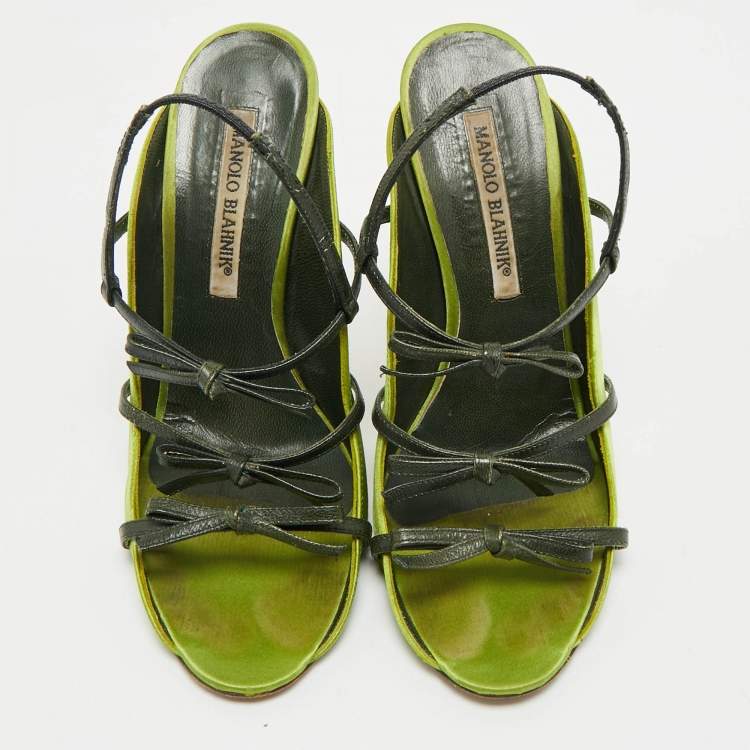 Pre Owned Manolo Blahnik Green Satin Slingback Sandals Size 37.5