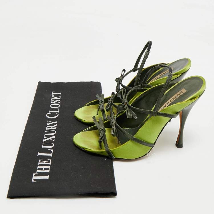 Pre Owned Manolo Blahnik Green Satin Slingback Sandals Size 37.5