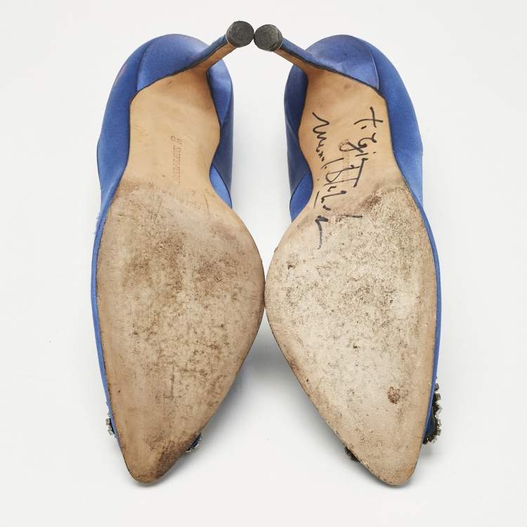 Pre Owned Manolo Blahnik Navy Blue Satin Hangisi Pumps Size 38