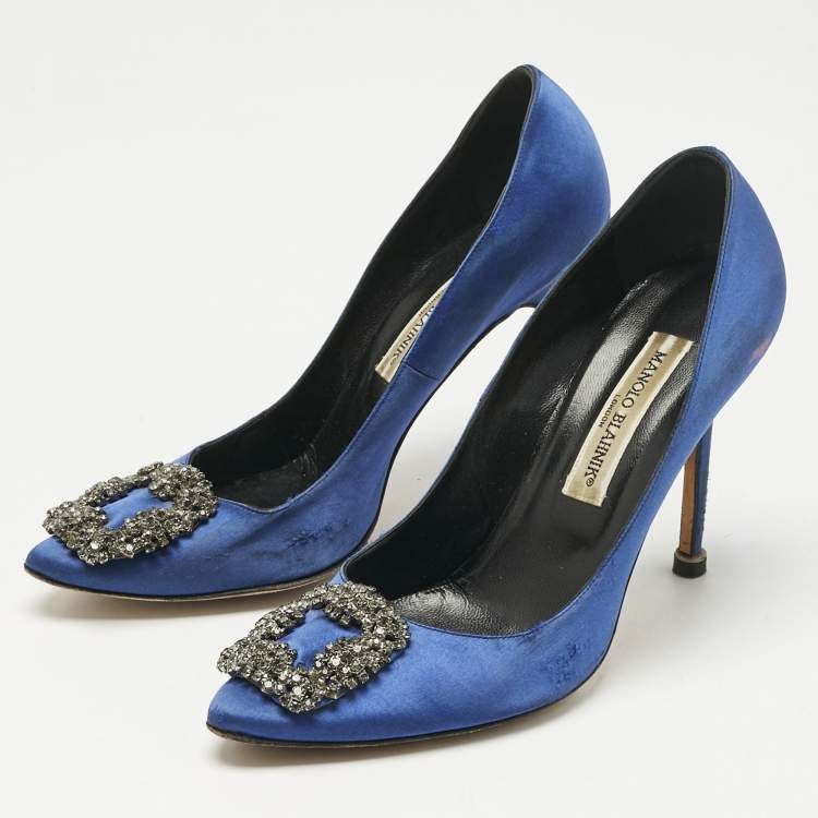 Pre Owned Manolo Blahnik Navy Blue Satin Hangisi Pumps Size 38