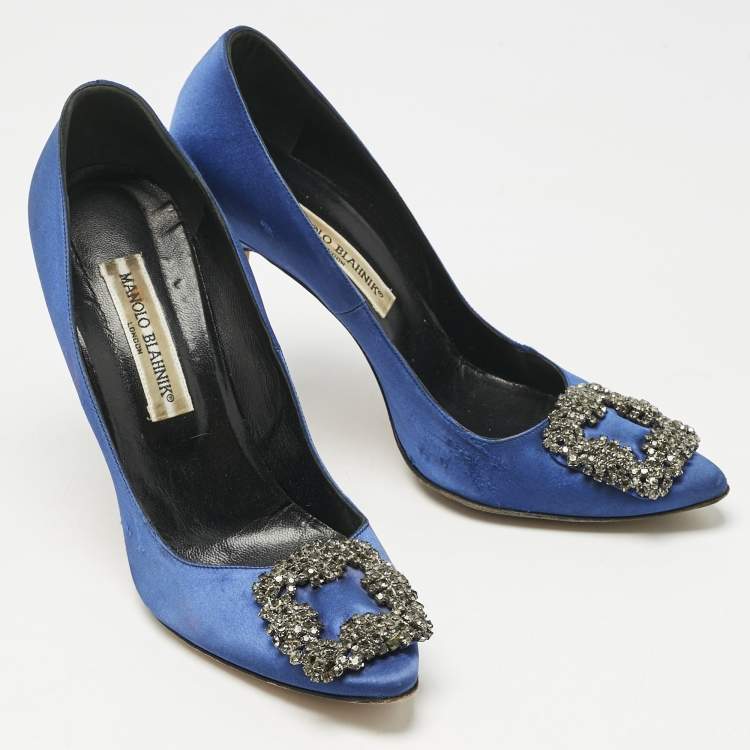 Pre Owned Manolo Blahnik Navy Blue Satin Hangisi Pumps Size 38