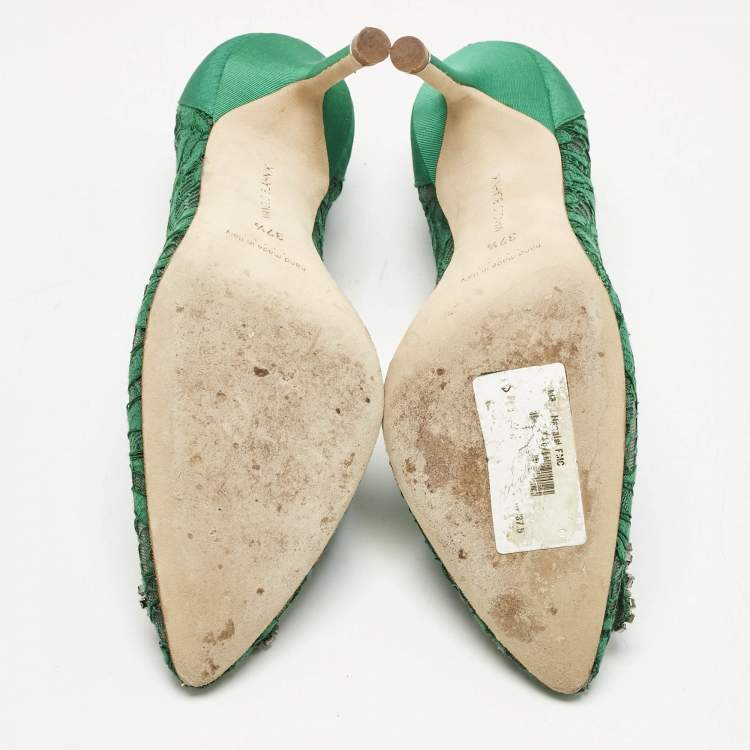 Pre Owned Manolo Blahnik Green Lace and Mesh Hangisi Pumps Size 37.5