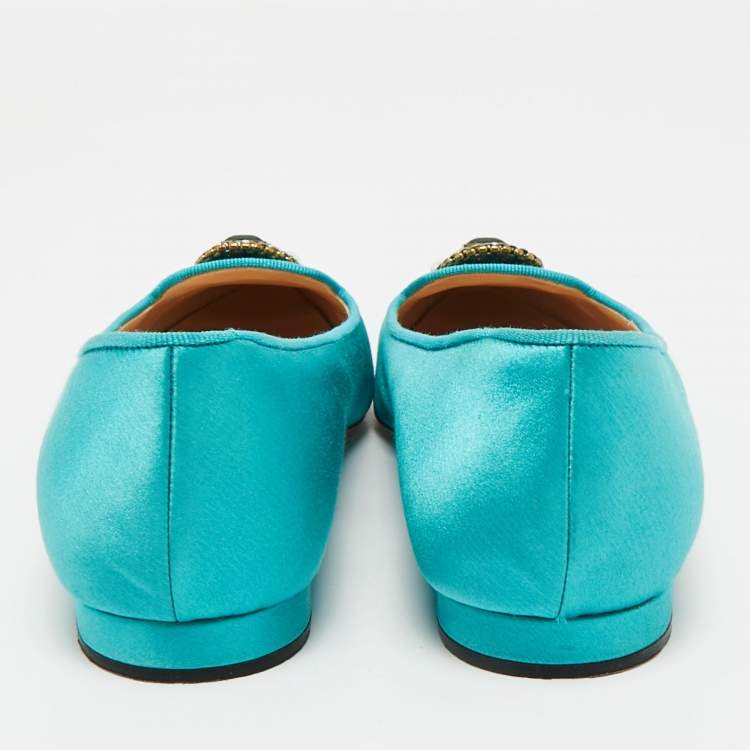 Pre Owned Manolo Blahnik Teal Satin Eufrasia Ballet Flats Size 38.5