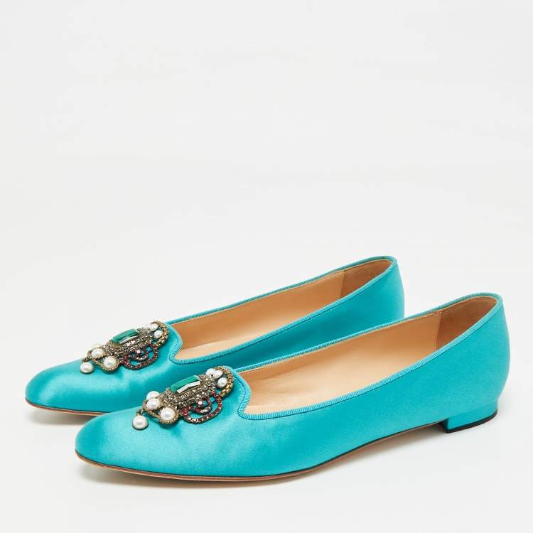 Pre Owned Manolo Blahnik Teal Satin Eufrasia Ballet Flats Size 38.5
