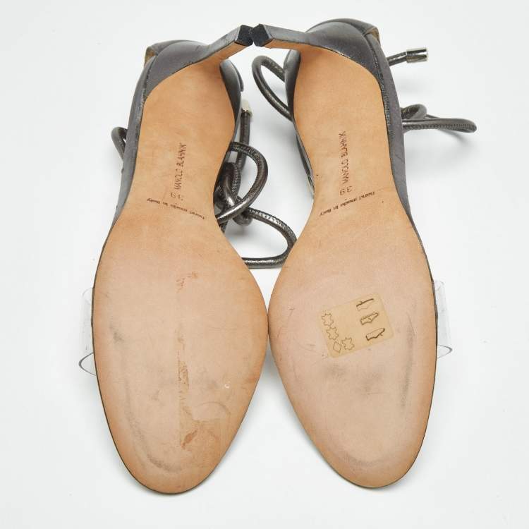 Pre Owned Manolo Blahnik Metallic Leather and PVC Estro Ankle Strap Sandals Size 39