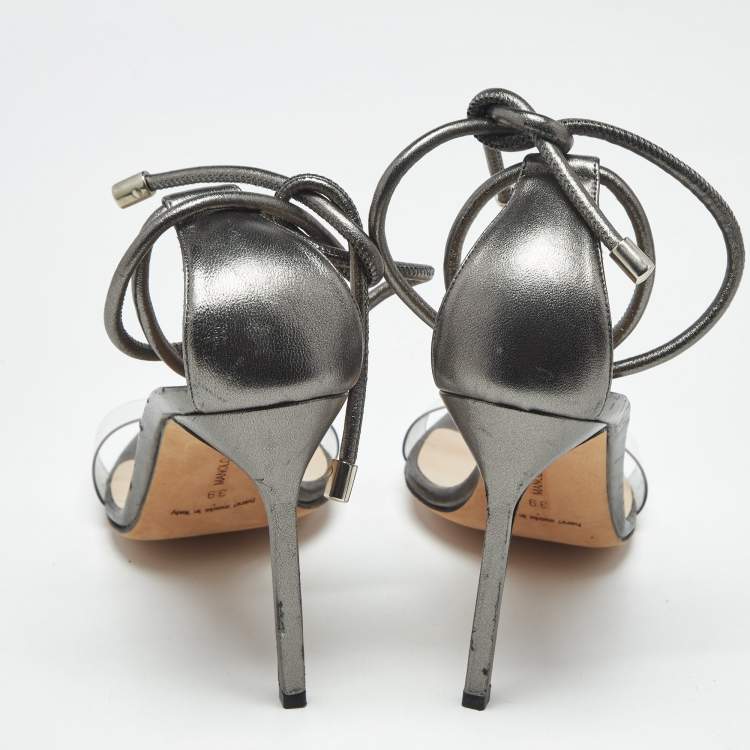 Pre Owned Manolo Blahnik Metallic Leather and PVC Estro Ankle Strap Sandals Size 39