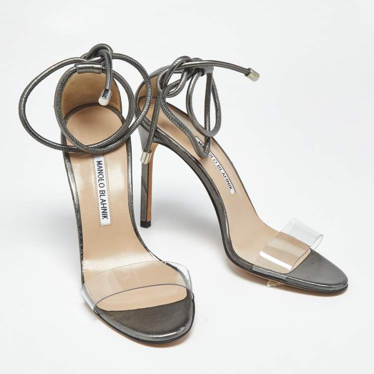 Pre Owned Manolo Blahnik Metallic Leather and PVC Estro Ankle Strap Sandals Size 39