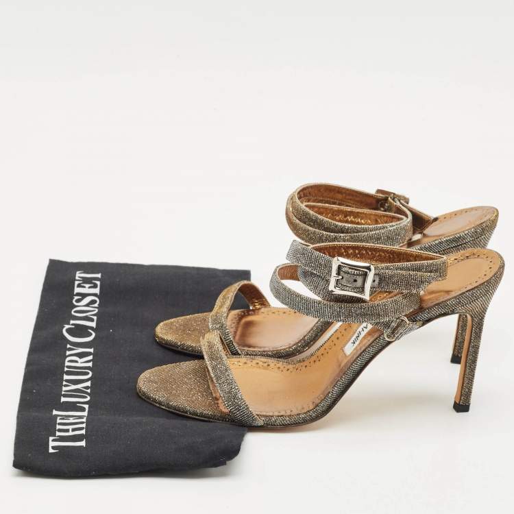 Pre Owned Manolo Blahnik Metallic Glitter Accents Ankle Strap Sandals Size 39