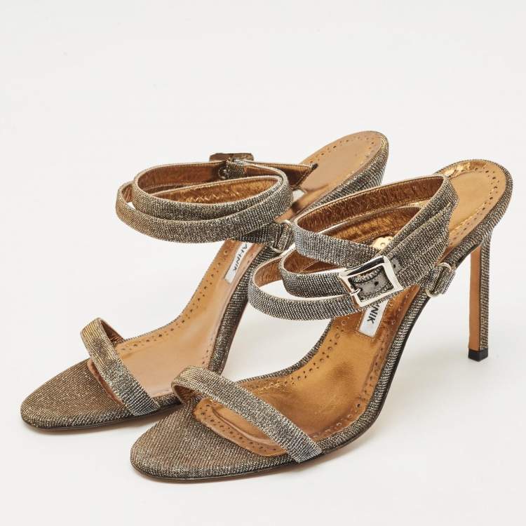 Pre Owned Manolo Blahnik Metallic Glitter Accents Ankle Strap Sandals Size 39