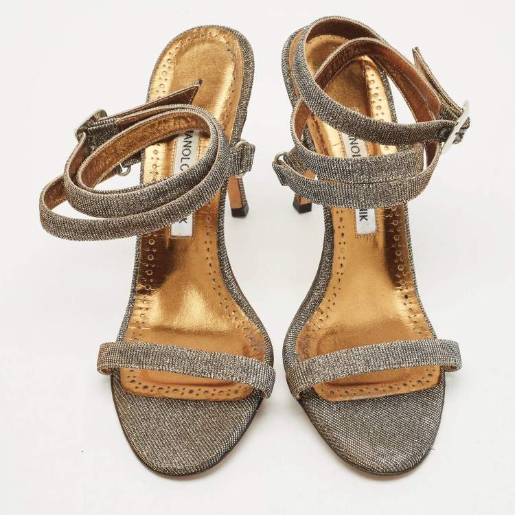 Pre Owned Manolo Blahnik Metallic Glitter Accents Ankle Strap Sandals Size 39