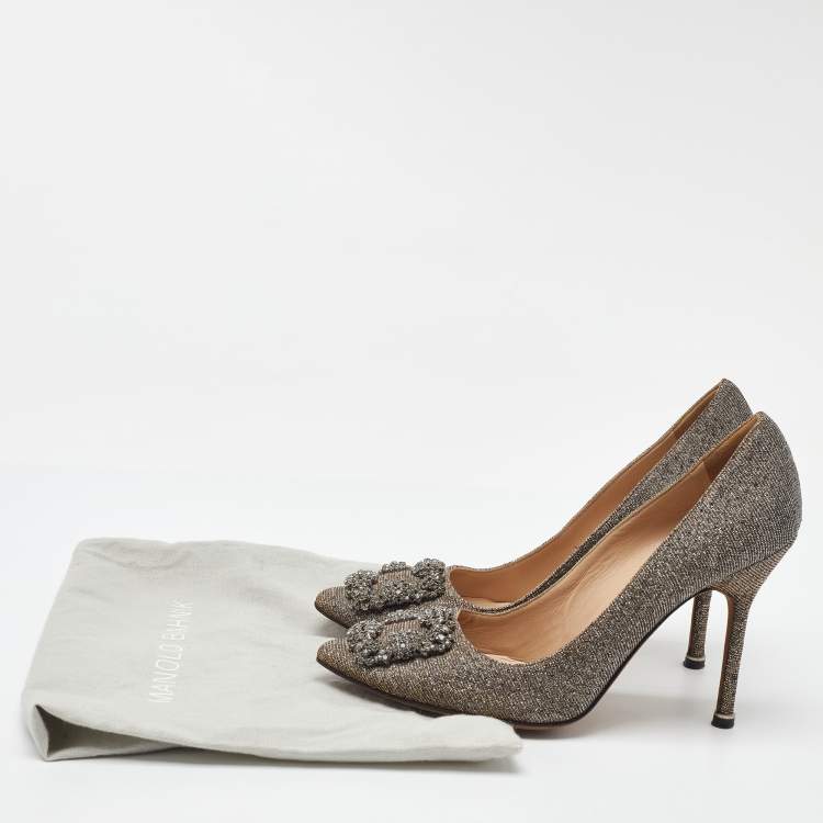 Pre Owned Manolo Blahnik Metallic Lurex Fabric Hangisi Crystal Embellished Pumps Size 38
