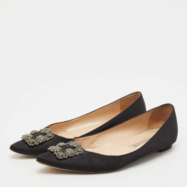 Pre Owned Manolo Blahnik Black Satin Hangisi Ballet Flats Size 42