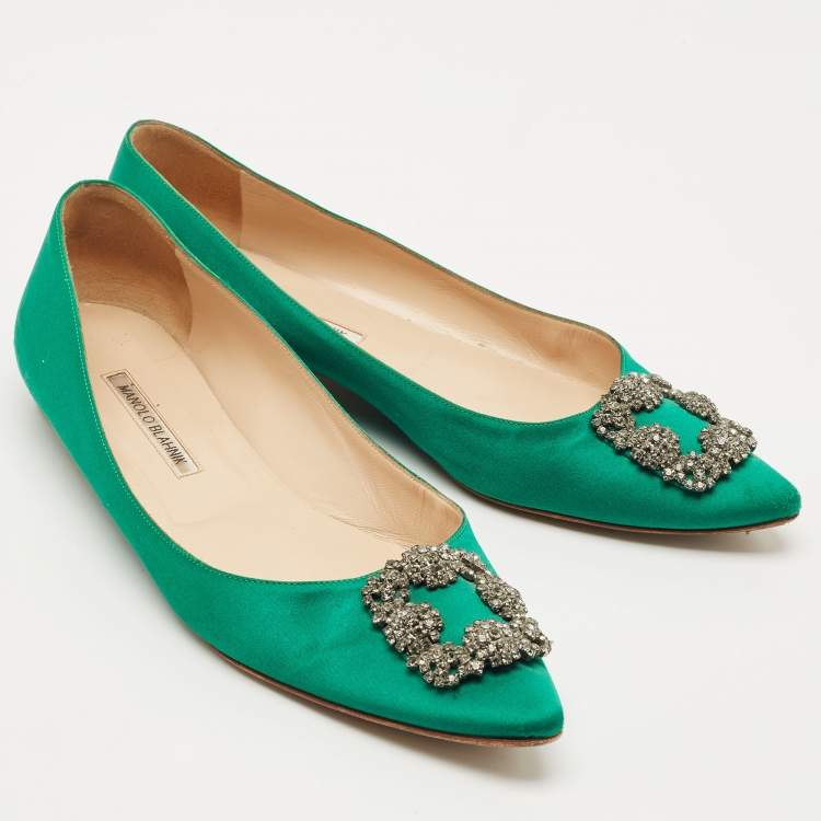 Pre Owned Manolo Blahnik Green Satin Hangisi Ballet Flats Size 42