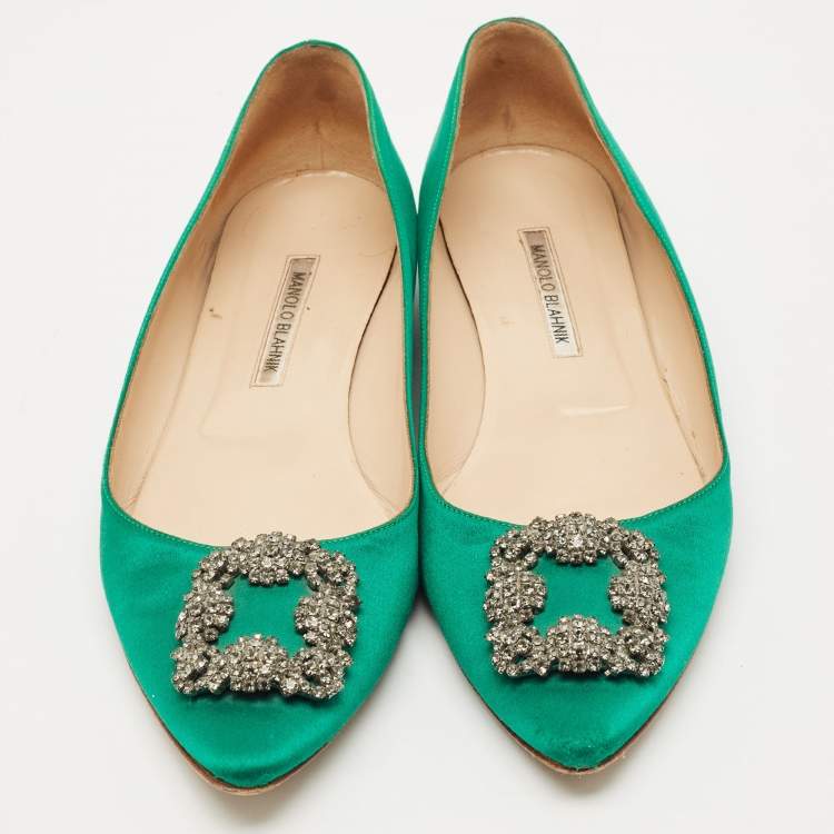 Pre Owned Manolo Blahnik Green Satin Hangisi Ballet Flats Size 42