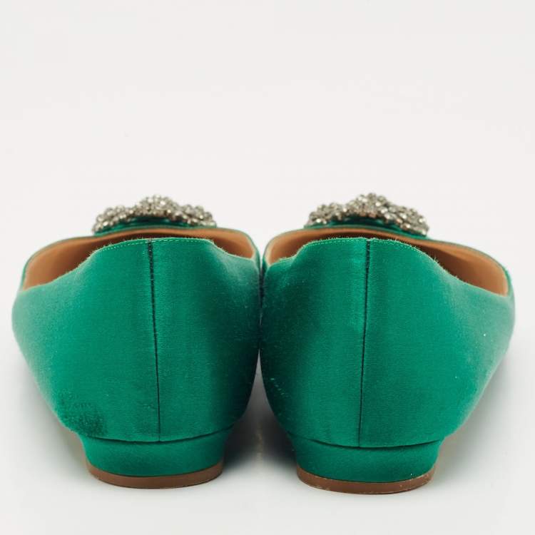 Pre Owned Manolo Blahnik Green Satin Hangisi Ballet Flats Size 42