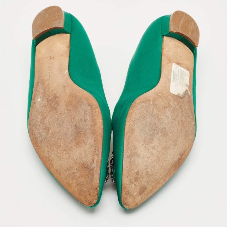 Pre Owned Manolo Blahnik Green Satin Hangisi Ballet Flats Size 42