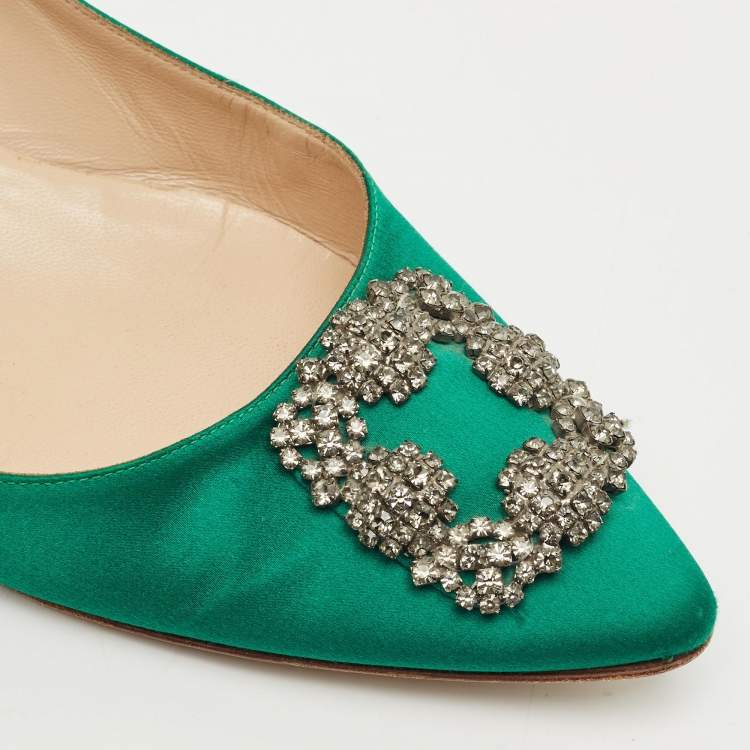 Pre Owned Manolo Blahnik Green Satin Hangisi Ballet Flats Size 42