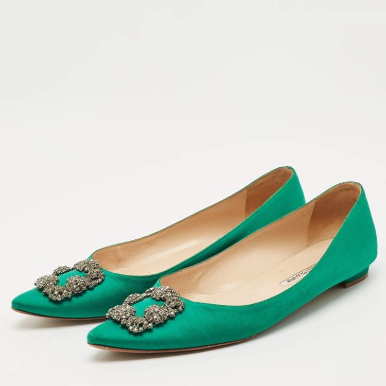 Pre Owned Manolo Blahnik Green Satin Hangisi Ballet Flats Size 42