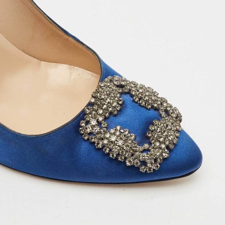 Pre Owned Manolo Blahnik Blue Satin Hangisi Crystal Embellished Pumps Size 38.5