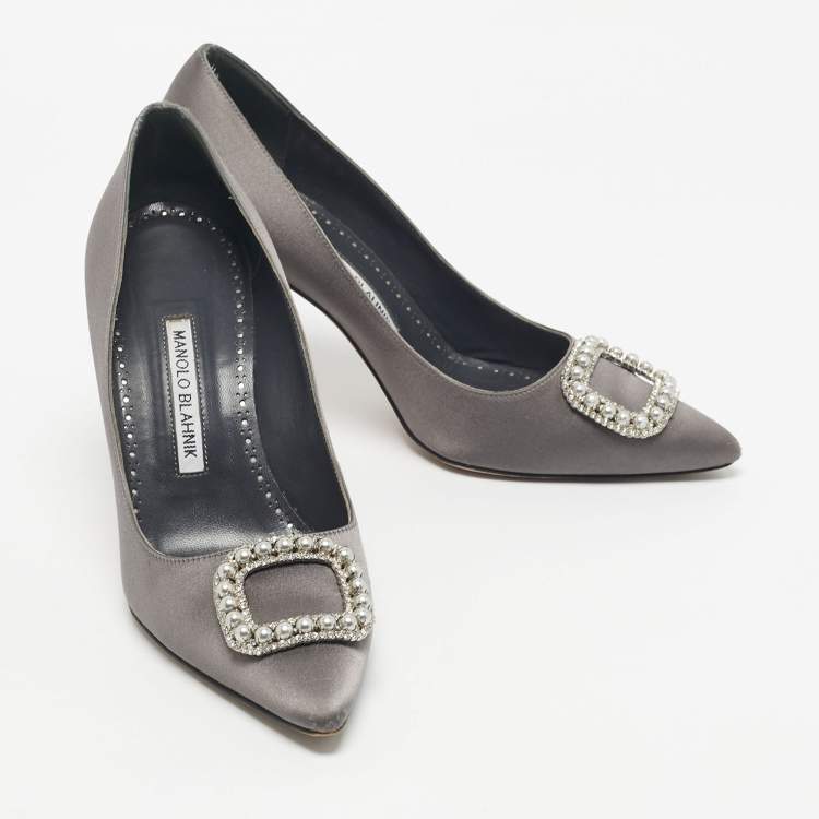 Pre Owned Manolo Blahnik Grey Satin Fabeta Pumps Size 39