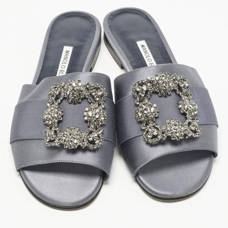 Pre Owned Manolo Blahnik Navy Blue Satin  Martamod  Flat Sandals Size 38