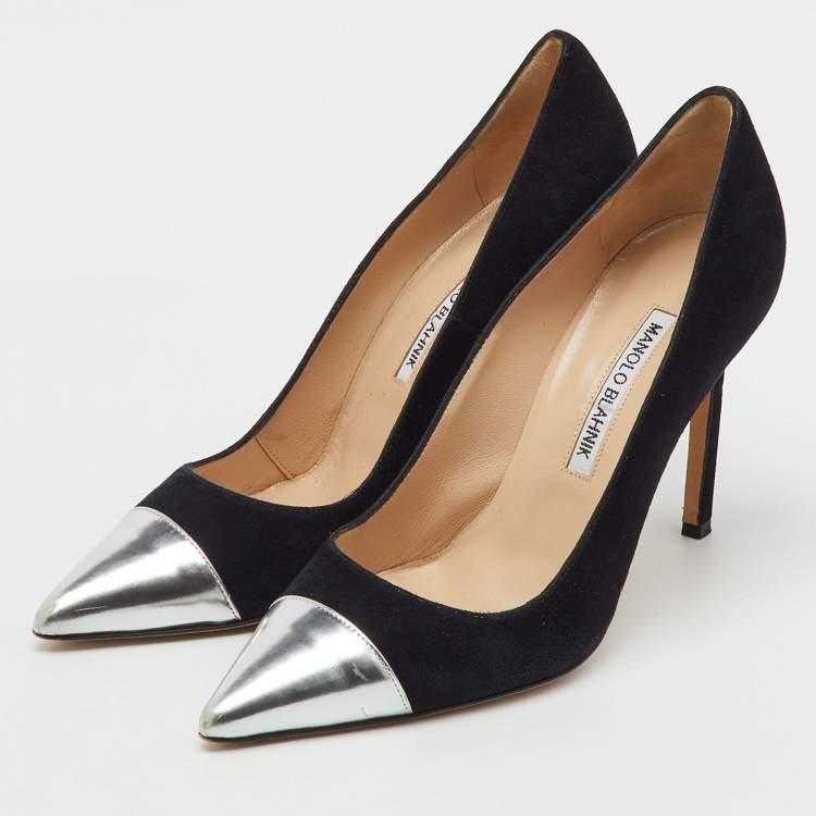 Pre Owned Manolo Blahnik Black/Silver Suede And Leather Bipunta Cap-Toe Pumps Size 37