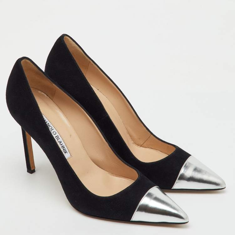 Pre Owned Manolo Blahnik Black/Silver Suede And Leather Bipunta Cap-Toe Pumps Size 37