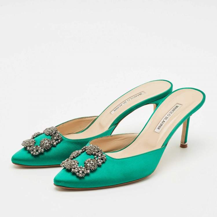 Pre Owned Manolo Blahnik Green Satin Hangisi Mules Size 41