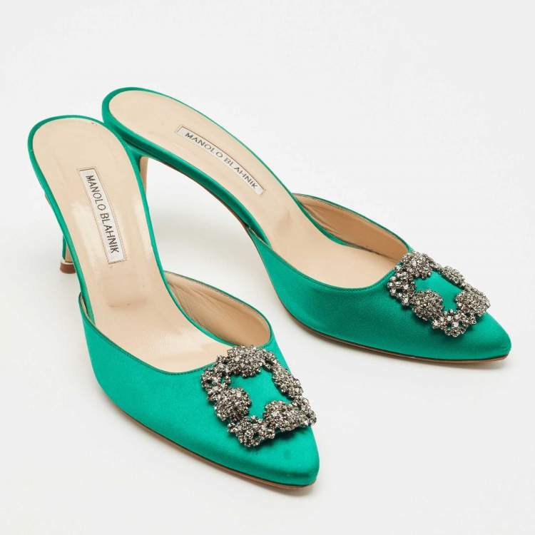 Pre Owned Manolo Blahnik Green Satin Hangisi Mules Size 41