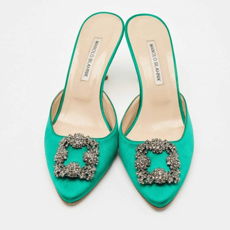 Pre Owned Manolo Blahnik Green Satin Hangisi Mules Size 41