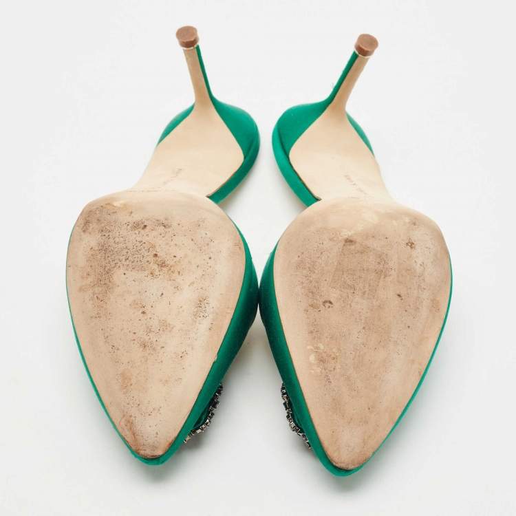 Pre Owned Manolo Blahnik Green Satin Hangisi Mules Size 41
