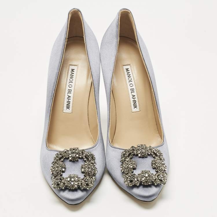 Pre Owned Manolo Blahnik Grey Satin Hangisi Pumps Size 35