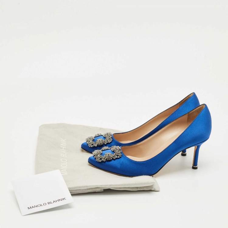 Pre Owned Manolo Blahnik Blue Satin Hangisi Crystal Embellished Pumps Size 37.5