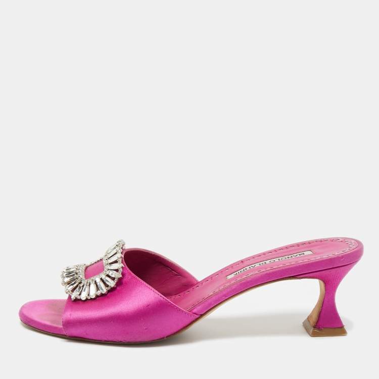 Pre Owned Manolo Blahnik Purple Satin Laalita Slide Sandals Size 38