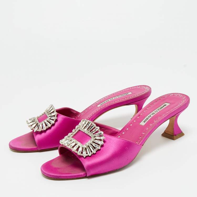 Pre Owned Manolo Blahnik Purple Satin Laalita Slide Sandals Size 38