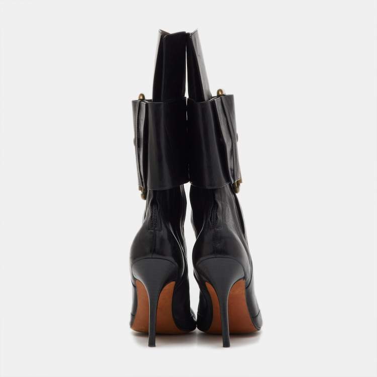 Pre Owned Manolo Blahnik Black Leather Buckle Strap Mid Calf Length Boots Size 38.5
