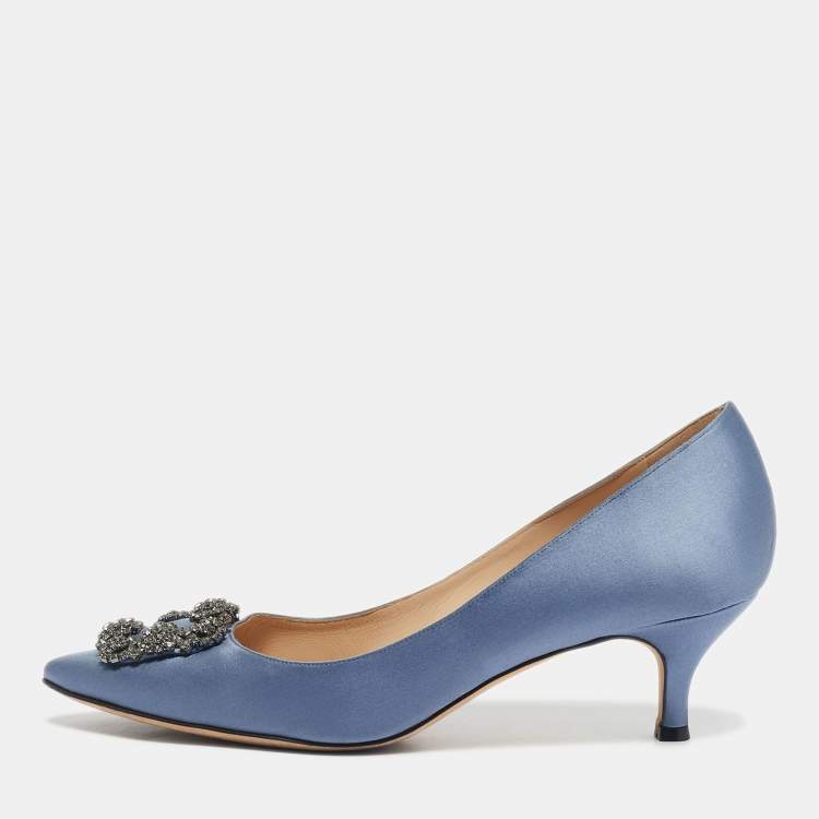 Pre Owned Manolo Blahnik Blue Satin Hangisi Crystal Embellished Pumps Size 41