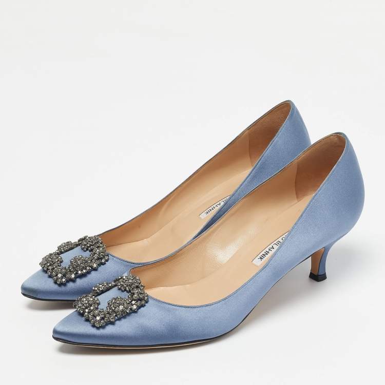 Pre Owned Manolo Blahnik Blue Satin Hangisi Crystal Embellished Pumps Size 41