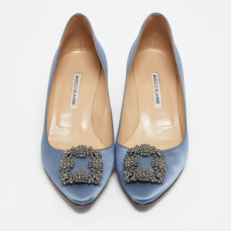 Pre Owned Manolo Blahnik Blue Satin Hangisi Crystal Embellished Pumps Size 41