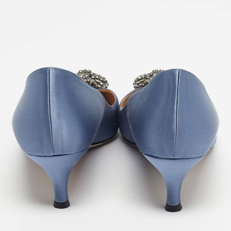 Pre Owned Manolo Blahnik Blue Satin Hangisi Crystal Embellished Pumps Size 41