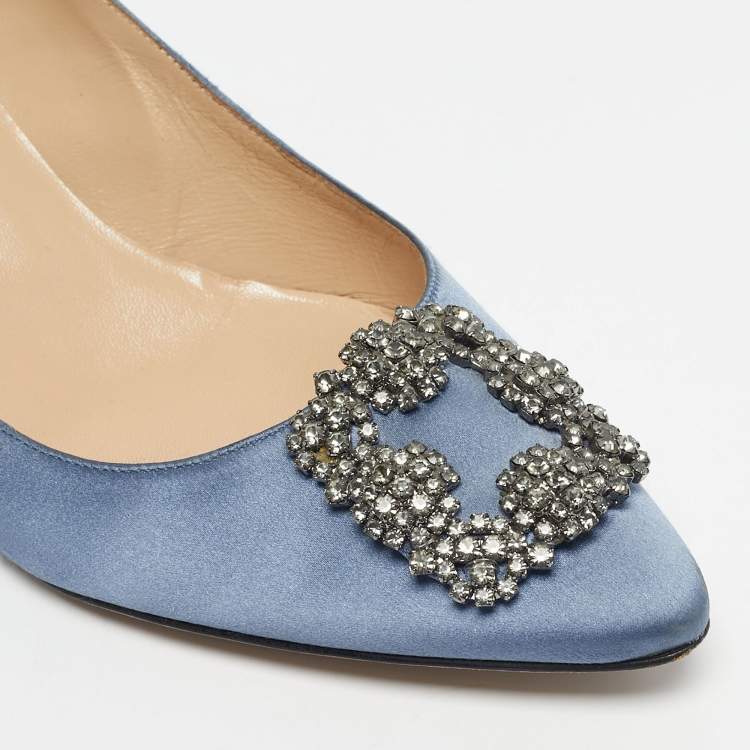 Pre Owned Manolo Blahnik Blue Satin Hangisi Crystal Embellished Pumps Size 41