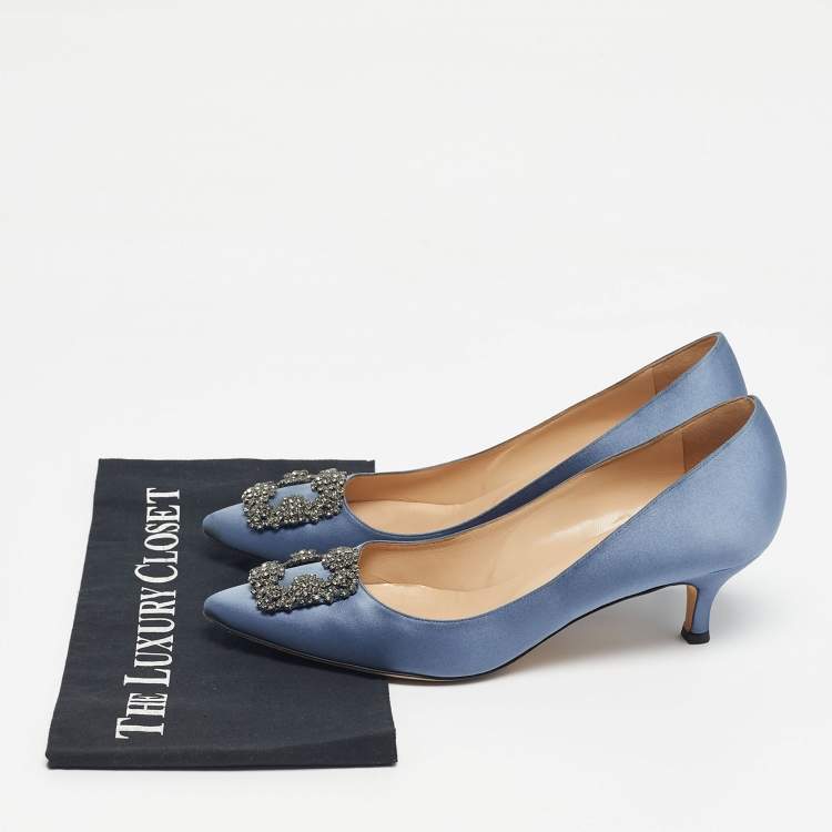 Pre Owned Manolo Blahnik Blue Satin Hangisi Crystal Embellished Pumps Size 41