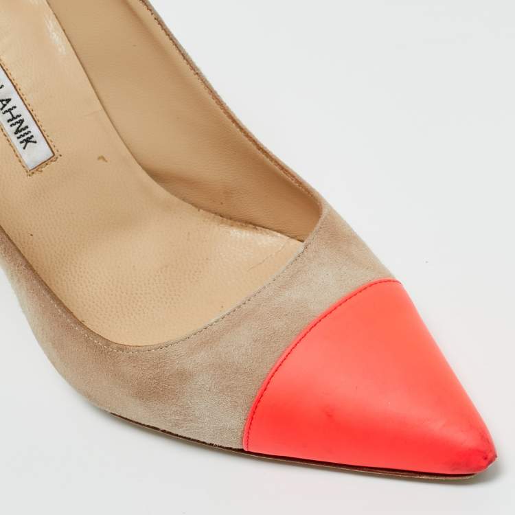 Pre Owned Manolo Blahnik Beige/Neon Pink Leather and Suede Bipunta Pumps Size 38