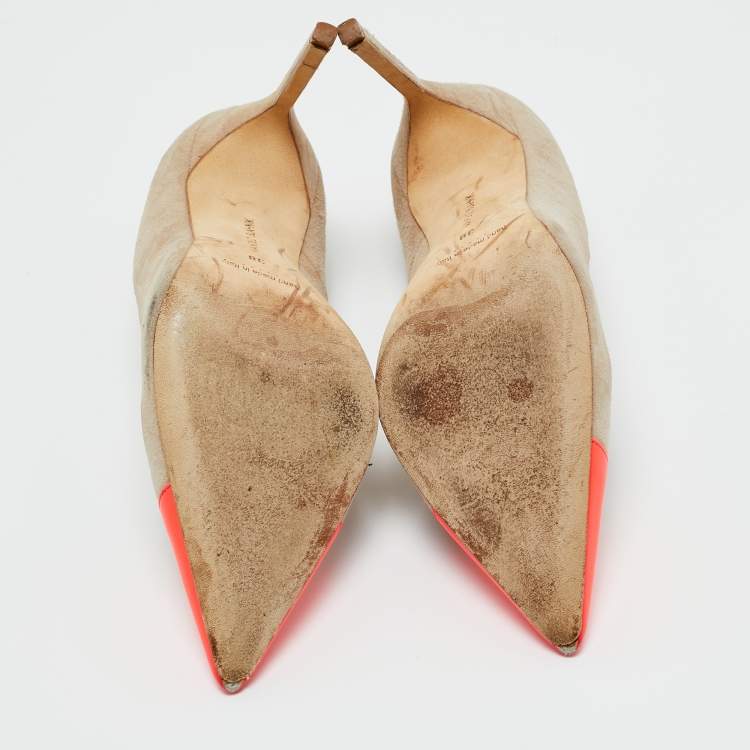 Pre Owned Manolo Blahnik Beige/Neon Pink Leather and Suede Bipunta Pumps Size 38