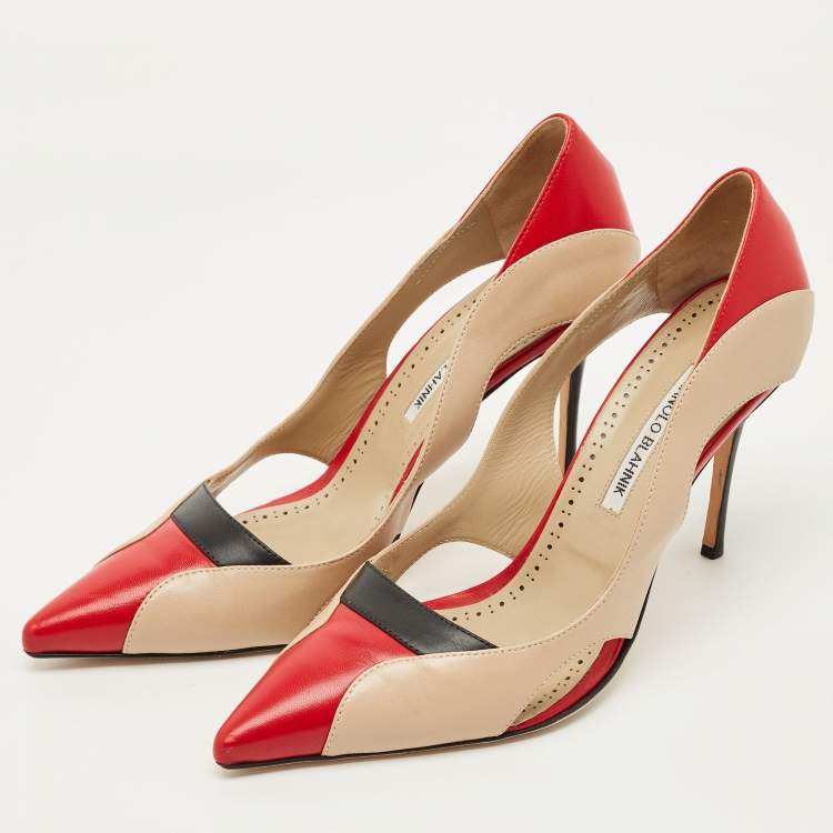 Pre Owned Manolo Blahnik Tricolor Cut Out Leather Vestala  Pointed Toe Pumps Size 42