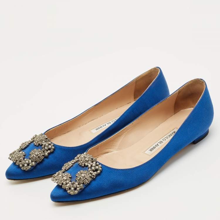 Pre Owned Manolo Blahnik Blue Satin Hangisi Ballet Flats Size 36