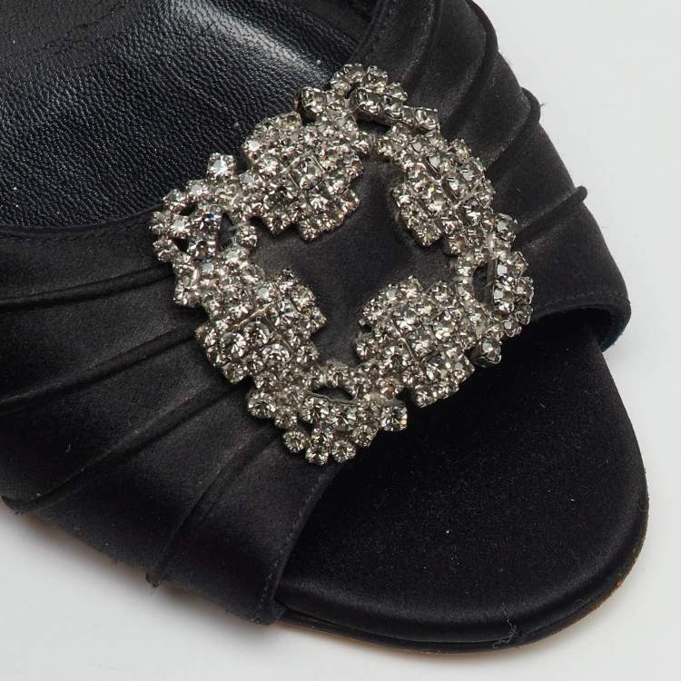 Pre Owned Manolo Blahnik Black Satin Cassia Peep Toe Slingback Sandals Size 40.5