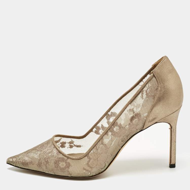 Pre Owned Manolo Blahnik Grey/Gold Mesh and Leather Salola Pumps Size 37